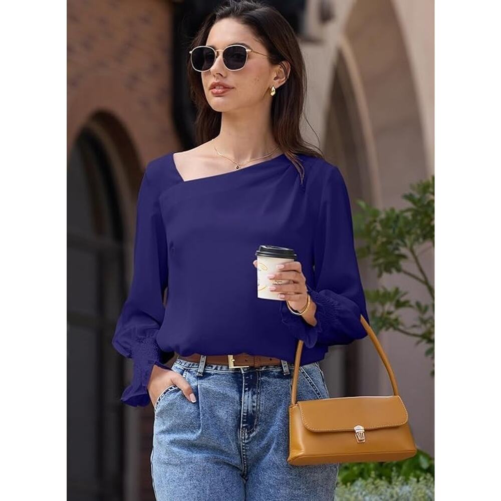EVALESS Blouses for Women Dressy Casual Pleated Long Sleeve Tops Asymmetrical